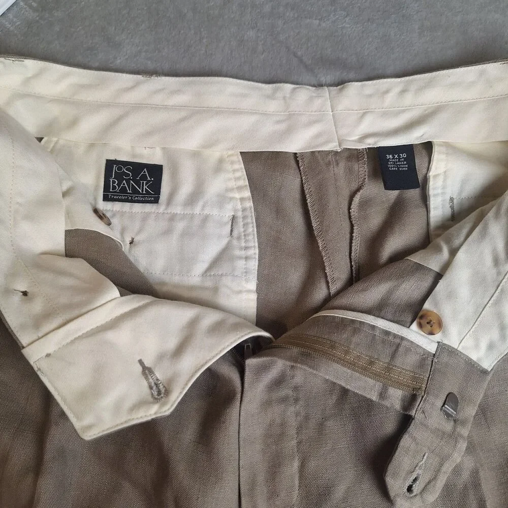 Vintage Jos A Bank Pants Mens 36x30 Linen Cuff Pleated Traveller's Collection